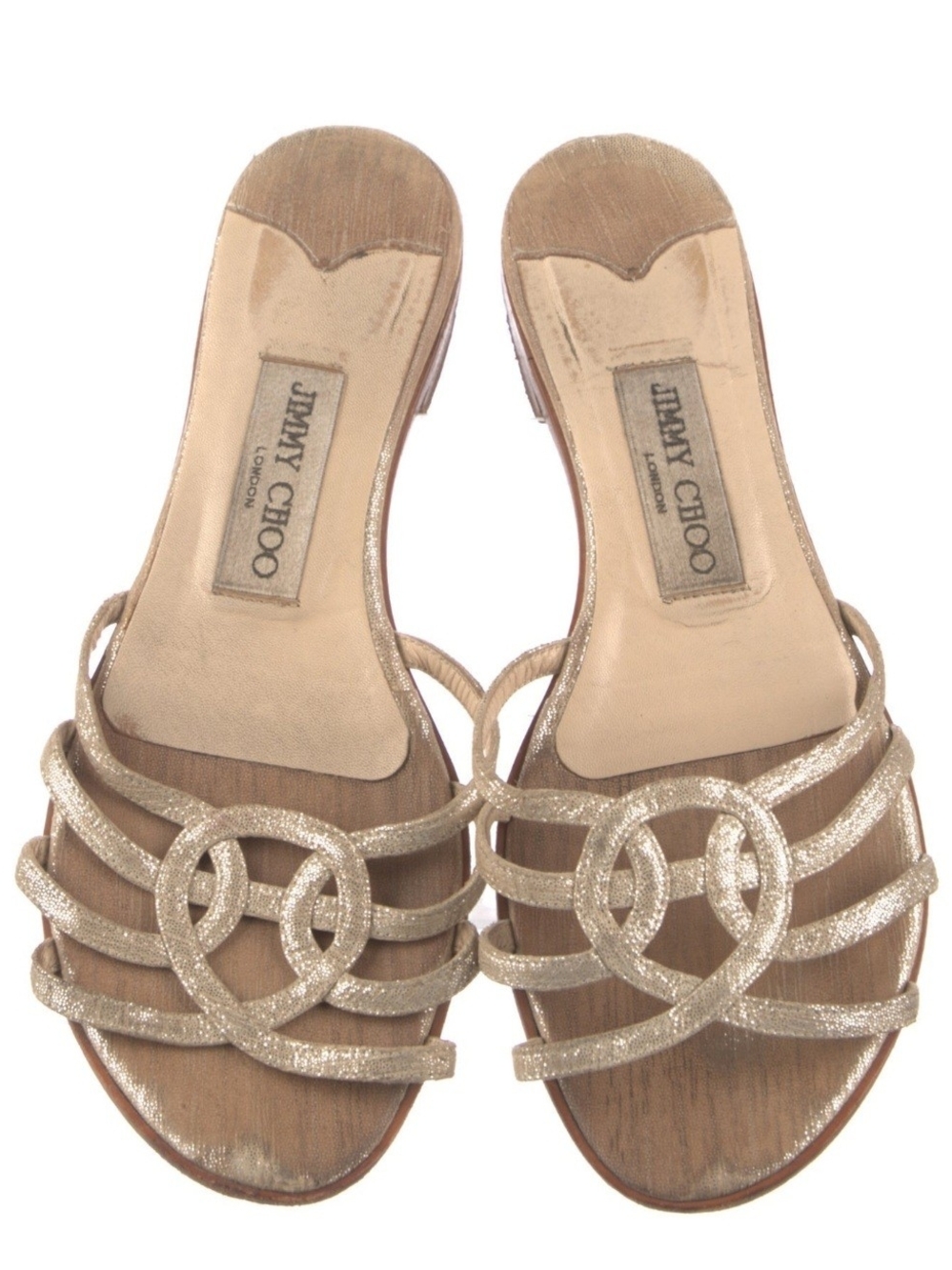 Jimmy Choo Metallic Gold Glitter Strappy Slide Mules